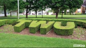 The sculpted TWU hedge greets students and visitors as they enter Trinity Western University’s campus in Langley, BC.