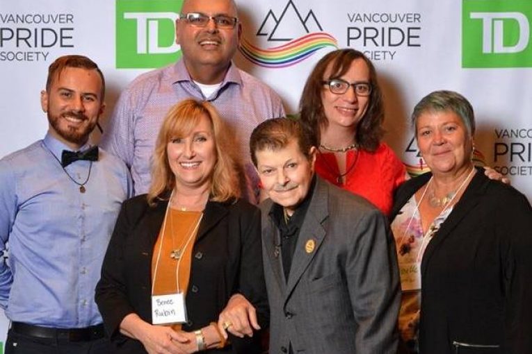 Clockwise from left: Syrian refugee and activist Danny Ramadan, Sher Vancouver founder Alex Sangha, Trans Alliance Society chair Morgane Oger, Vancouver Pride Society board member Michelle Fortin, posthumous Pride hero Charity represented by her partner Dino, jewellery designer Benée Rubin.